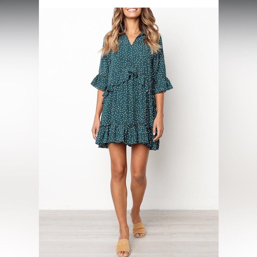 MITILLY V Neck Ruffle Polka Dot Pocket Loose Swing Casual Short T-Shirt Dress